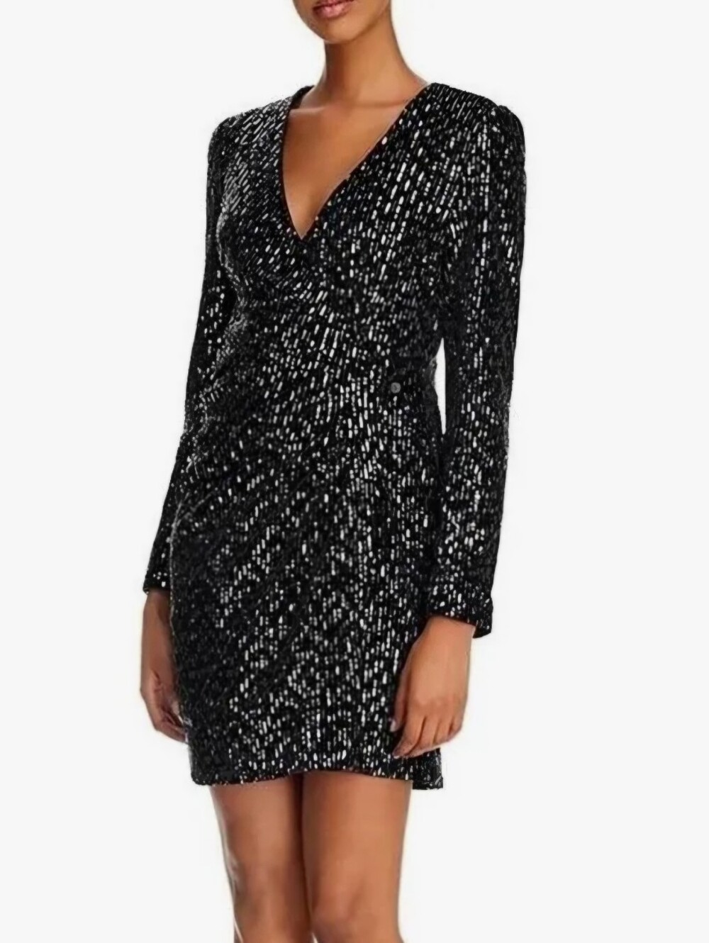 Anthropologie O.P.T Black Sequin V-Neck Mini Dress with Long Sleeves Small NWT